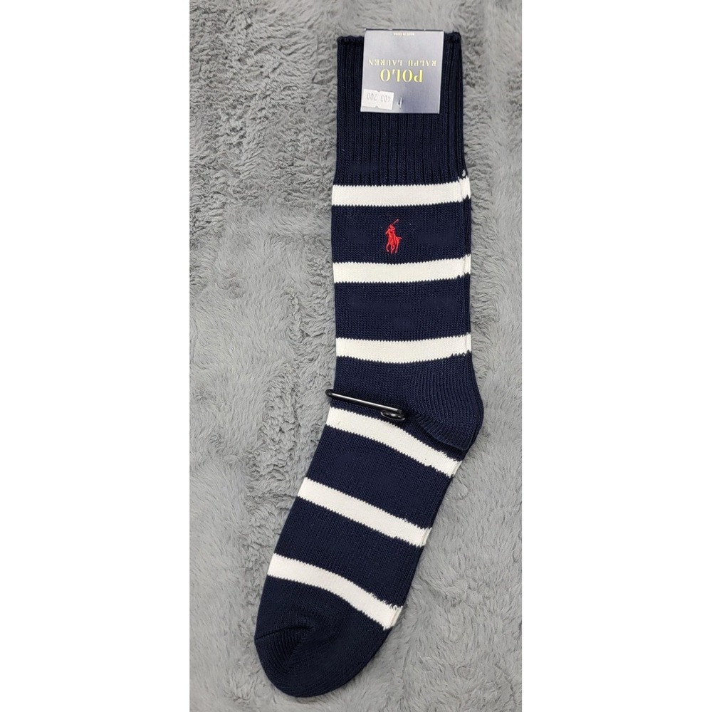 Polo Ralph Lauren Socks Mens 10-13 Navy White Stripe Pony Dress Crew Mid Calf